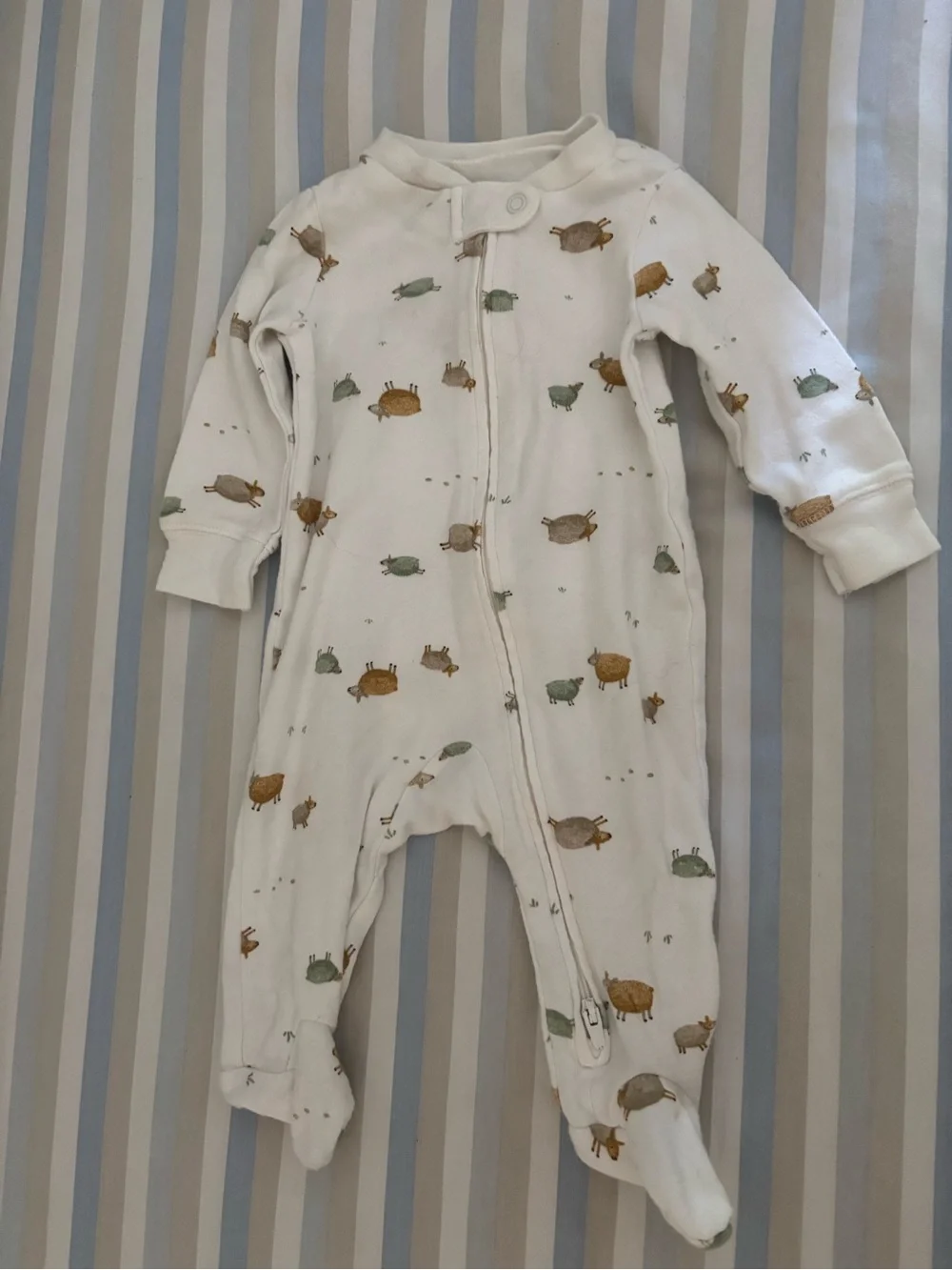 Carter’s White Baby Footie with Green, Gray, & Brown Sheep Print